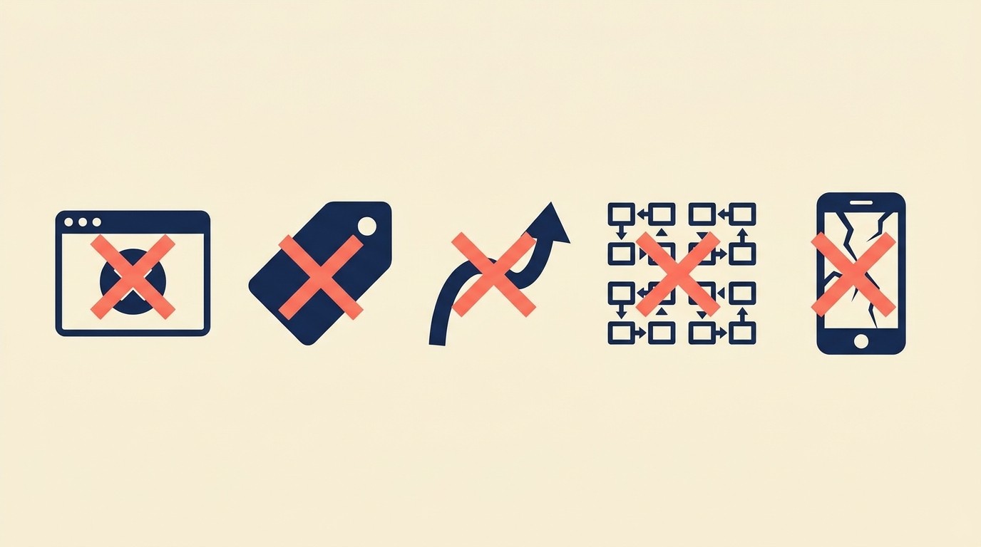 Warning list of common upsell pitfalls including interruptive popups, irrelevant recommendations, overselling, and poor mobile UX