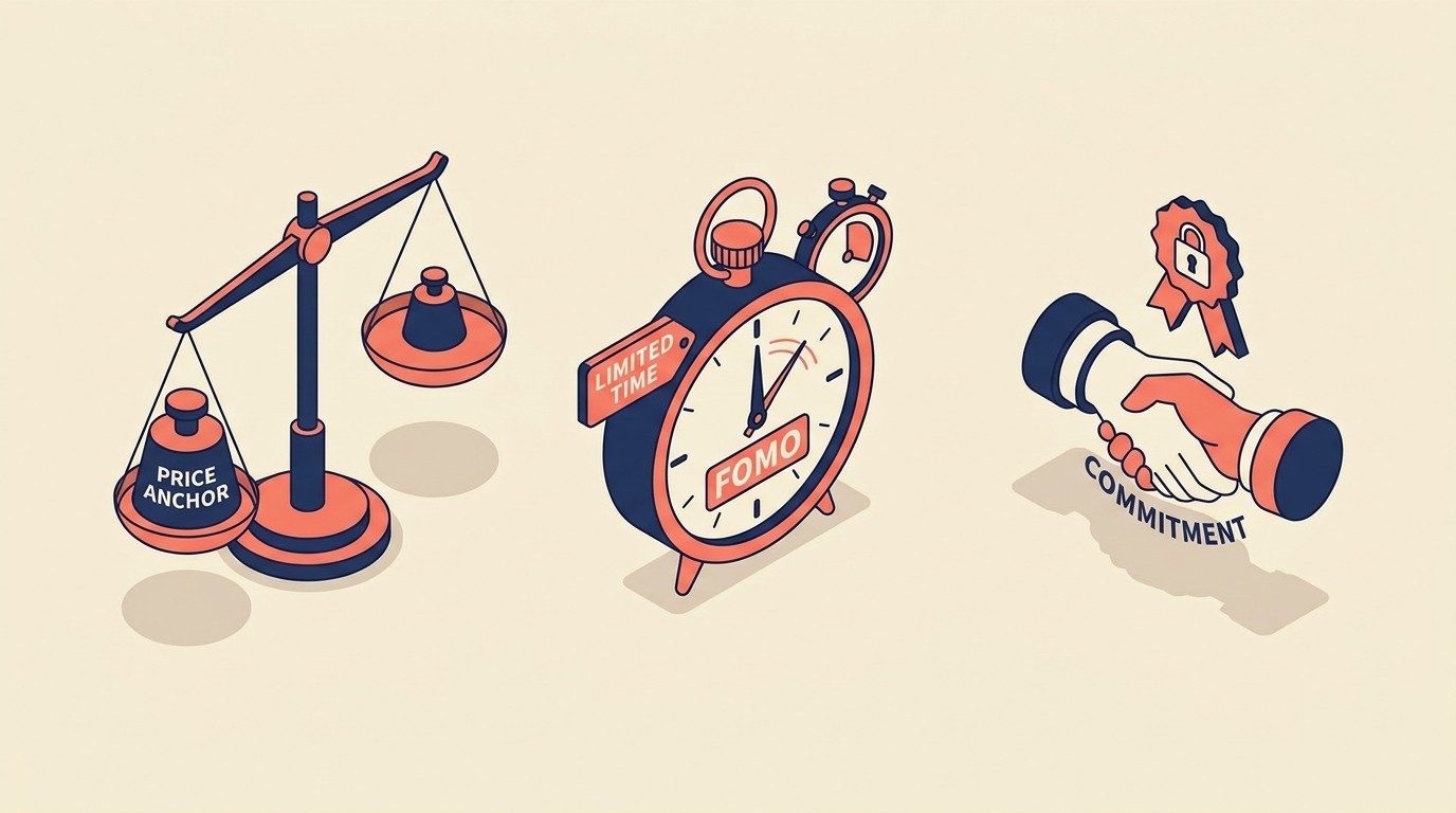 Psychological triggers behind upsell acceptance including price anchoring, value gaps, FOMO, and commitment consistency