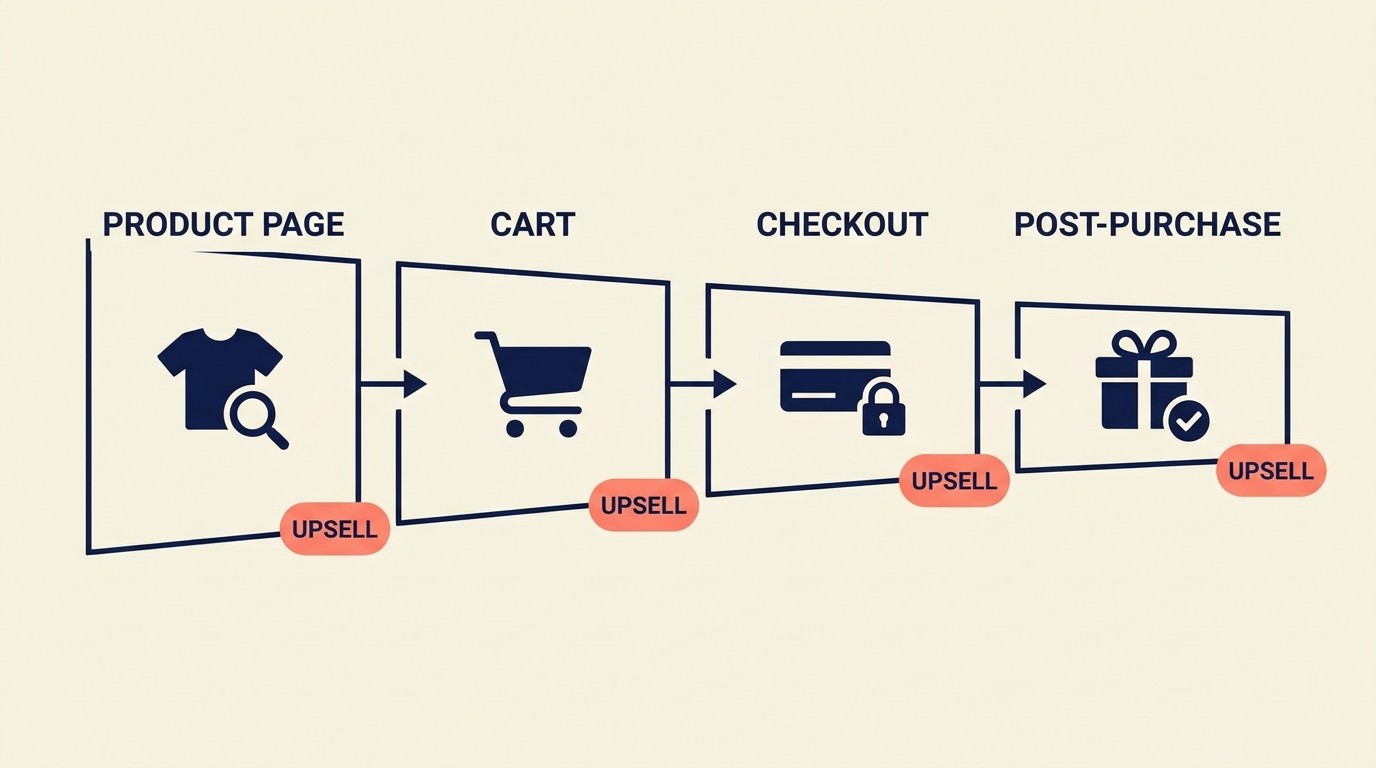 Customer journey map showing optimal upsell placement across product page, cart, checkout, and post-purchase stages