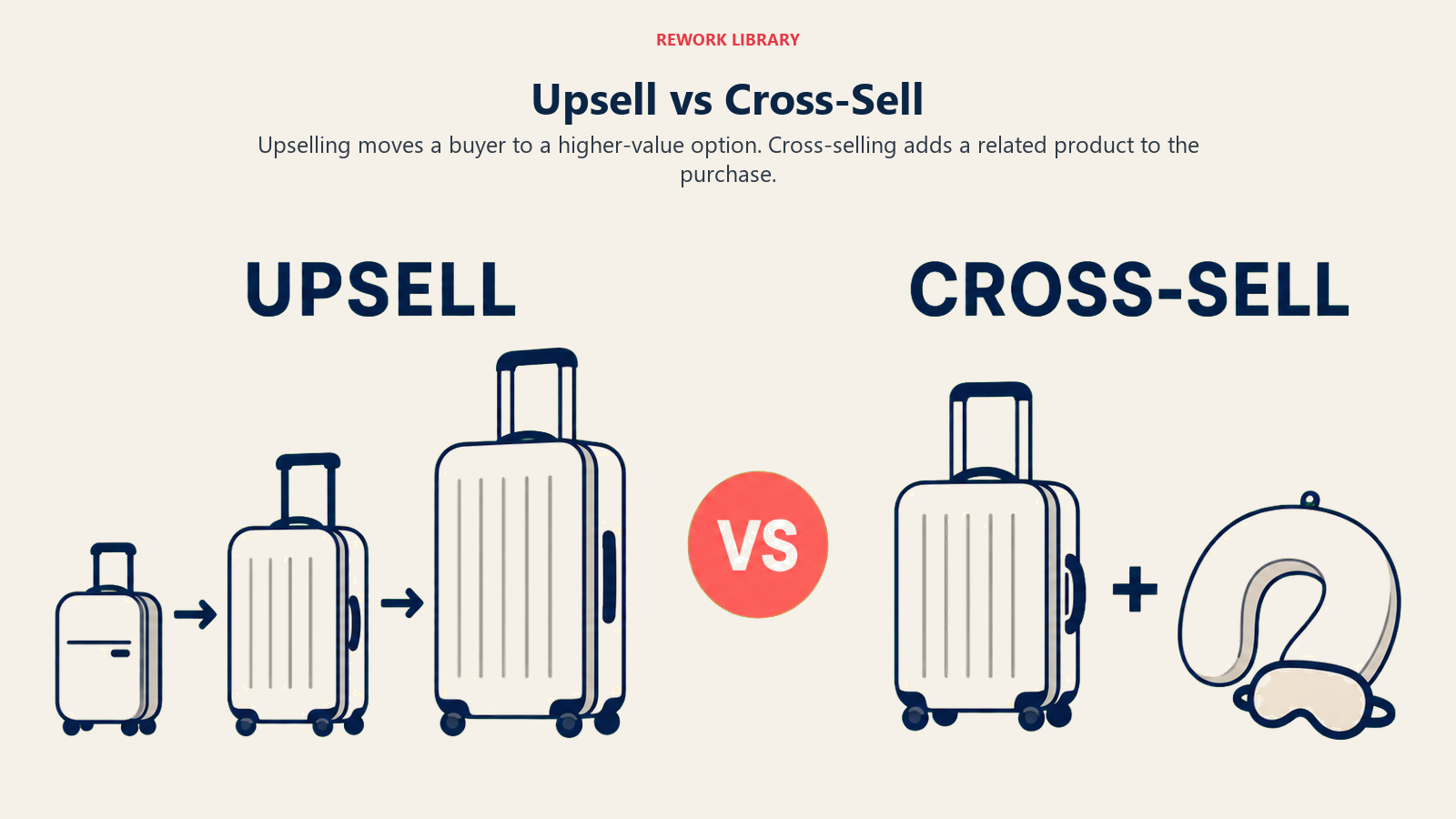 Upsell vs Cross-Sell, illustrated with upgrade versus complement comparison.