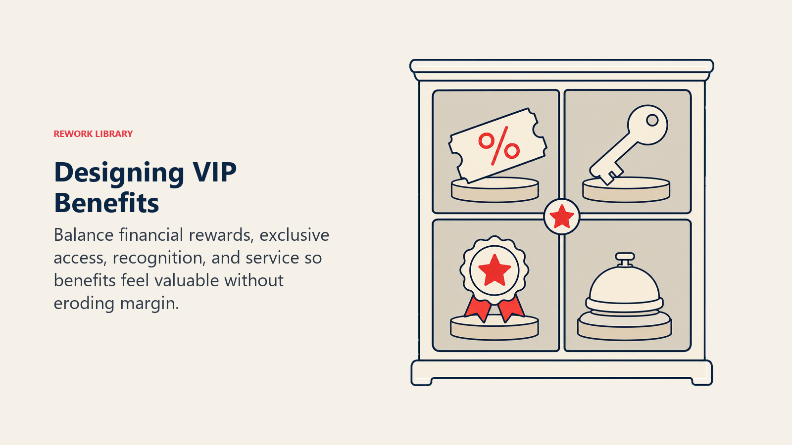 Designing VIP Benefits illustrated as a benefit cabinet with four compartments holds a discount token, early-access key, recognition badge, and service bell