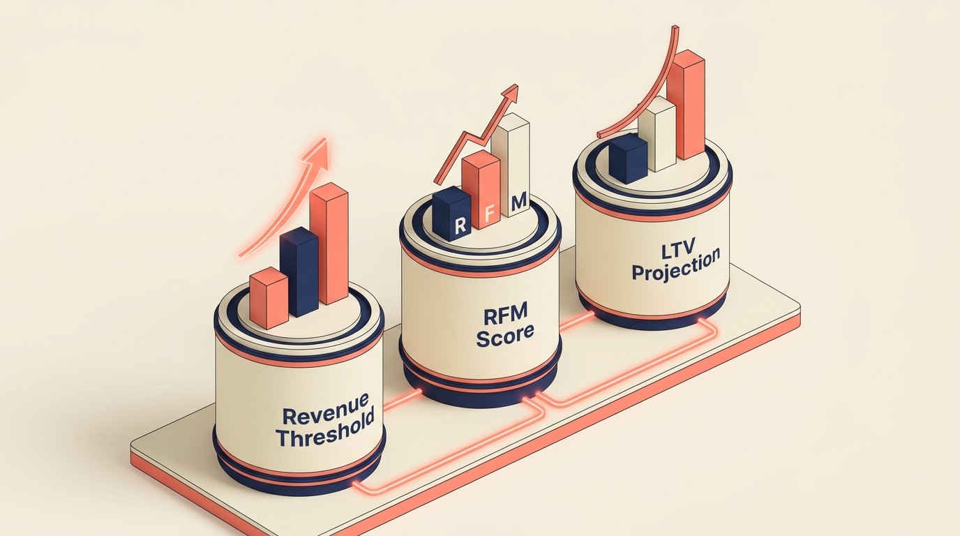 Framework for identifying VIP customers using revenue thresholds, RFM analysis, and behavioral signals