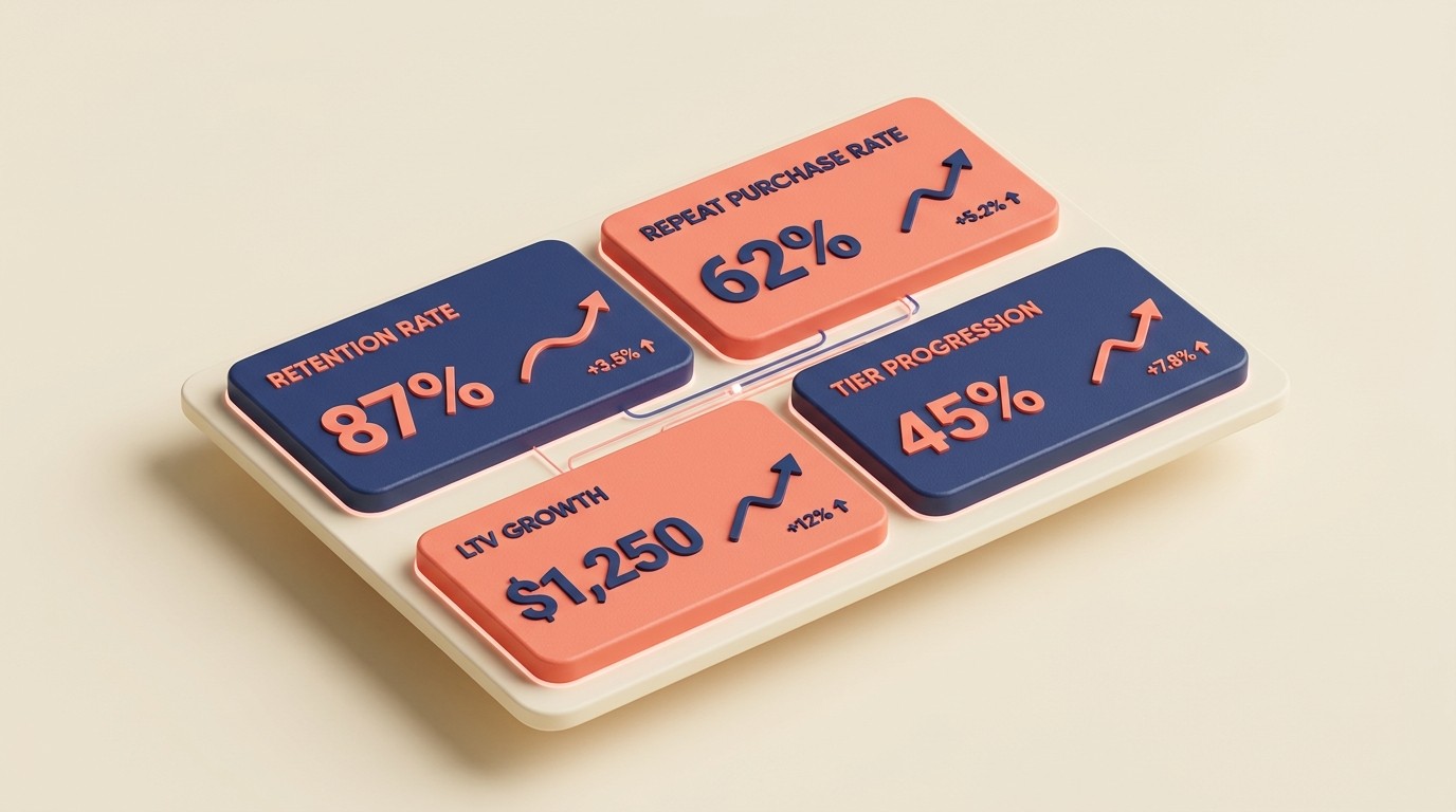 Core VIP program metrics dashboard tracking retention rate, repeat purchases, LTV growth, and tier progression