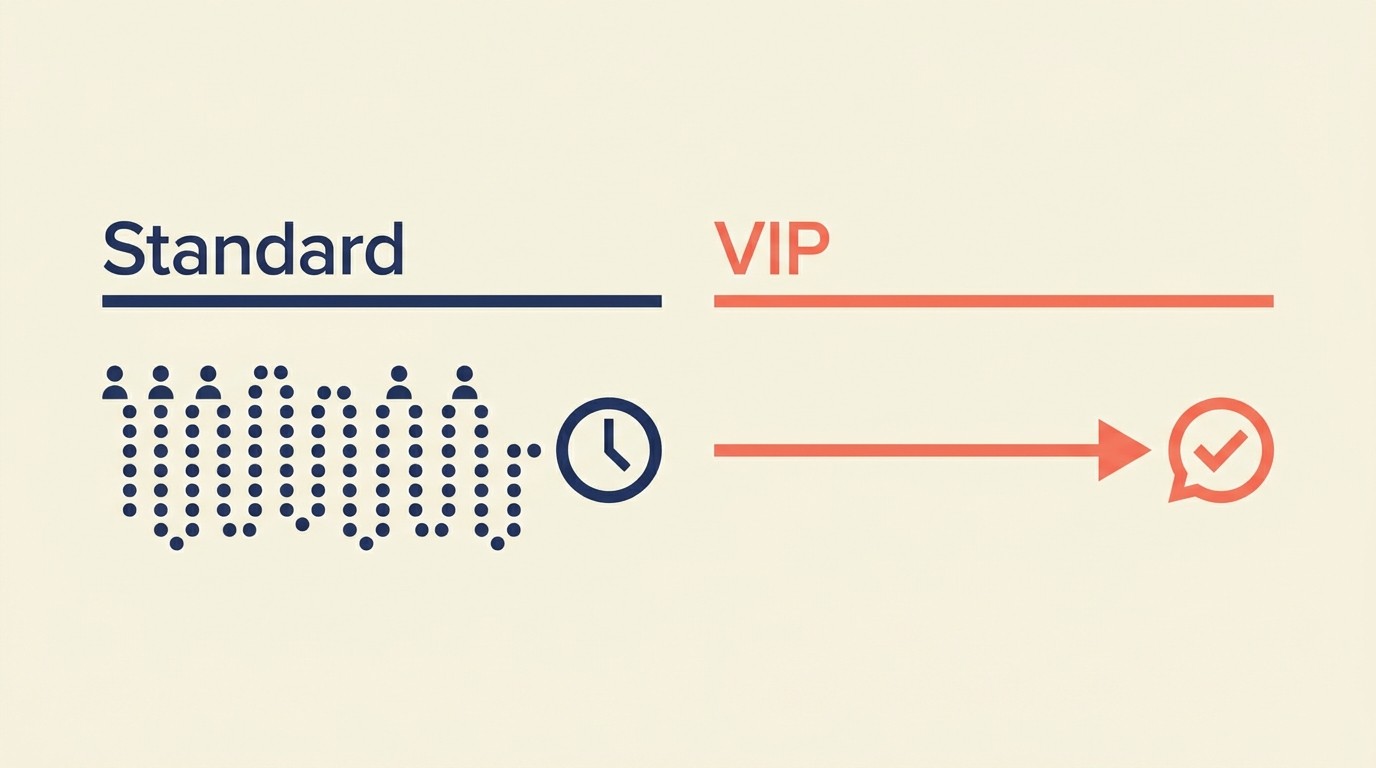 Priority VIP support structure with dedicated channels, faster response times, and concierge-level account management