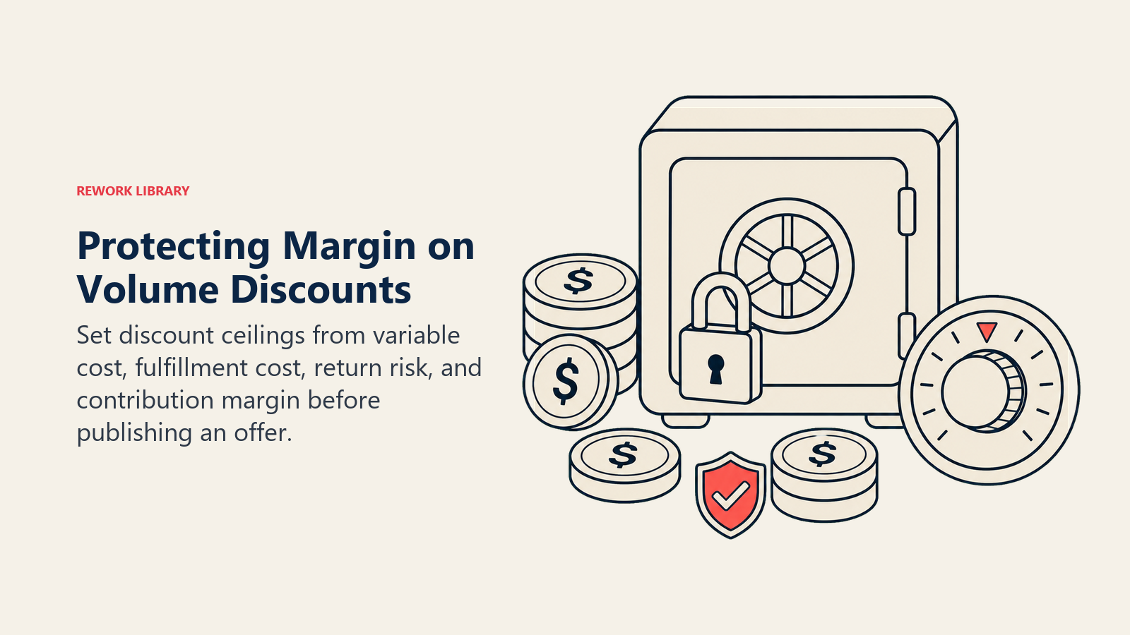 Protecting Margin on Volume Discounts, illustrated as a locked profit vault surrounded by cost tokens and a controlled discount dial, one coral safety marker