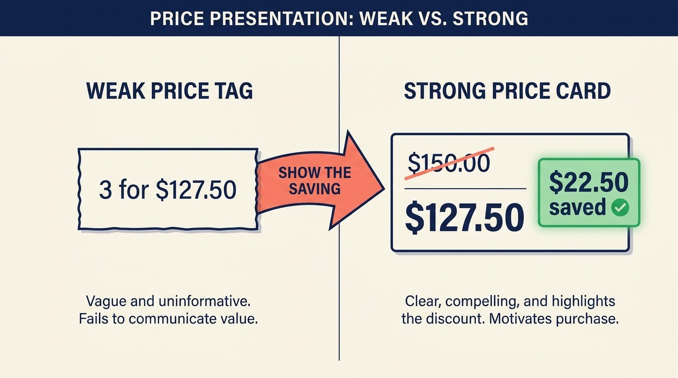 Psychological pricing presentation with reference price, savings amount, and goal gradient progress bar