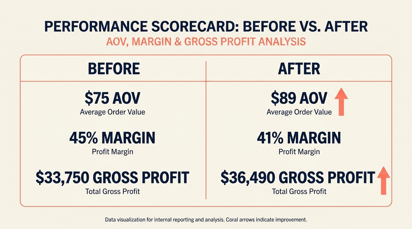 ROI scorecard tracking AOV lift, contribution margin, and incremental profit from volume discount programs