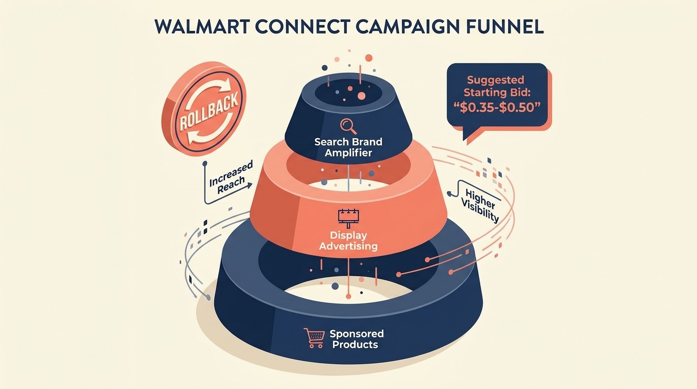 Walmart Connect advertising options including Sponsored Products, Display Ads, Search Brand Amplifier, and Rollback pricing events
