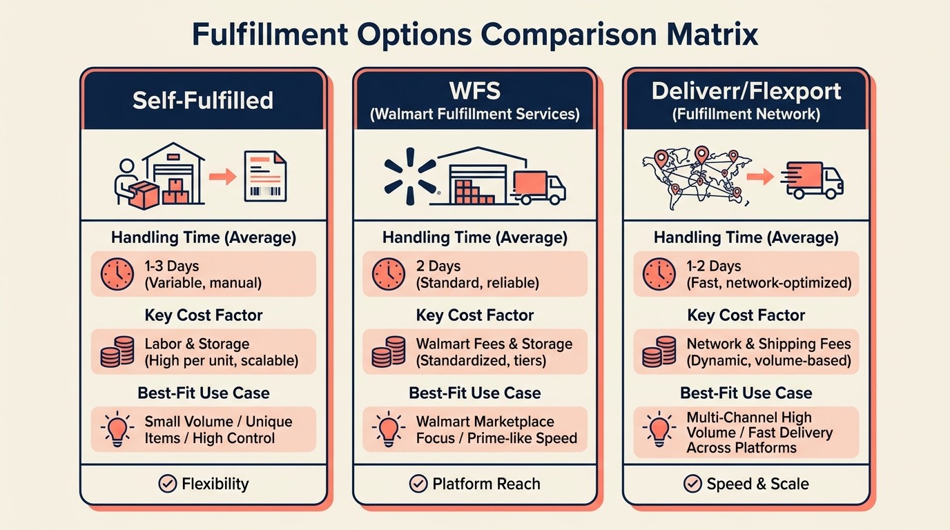 Walmart fulfillment pathways comparing self-fulfilled delivery, Walmart Fulfillment Services, and Deliverr/Flexport integrations