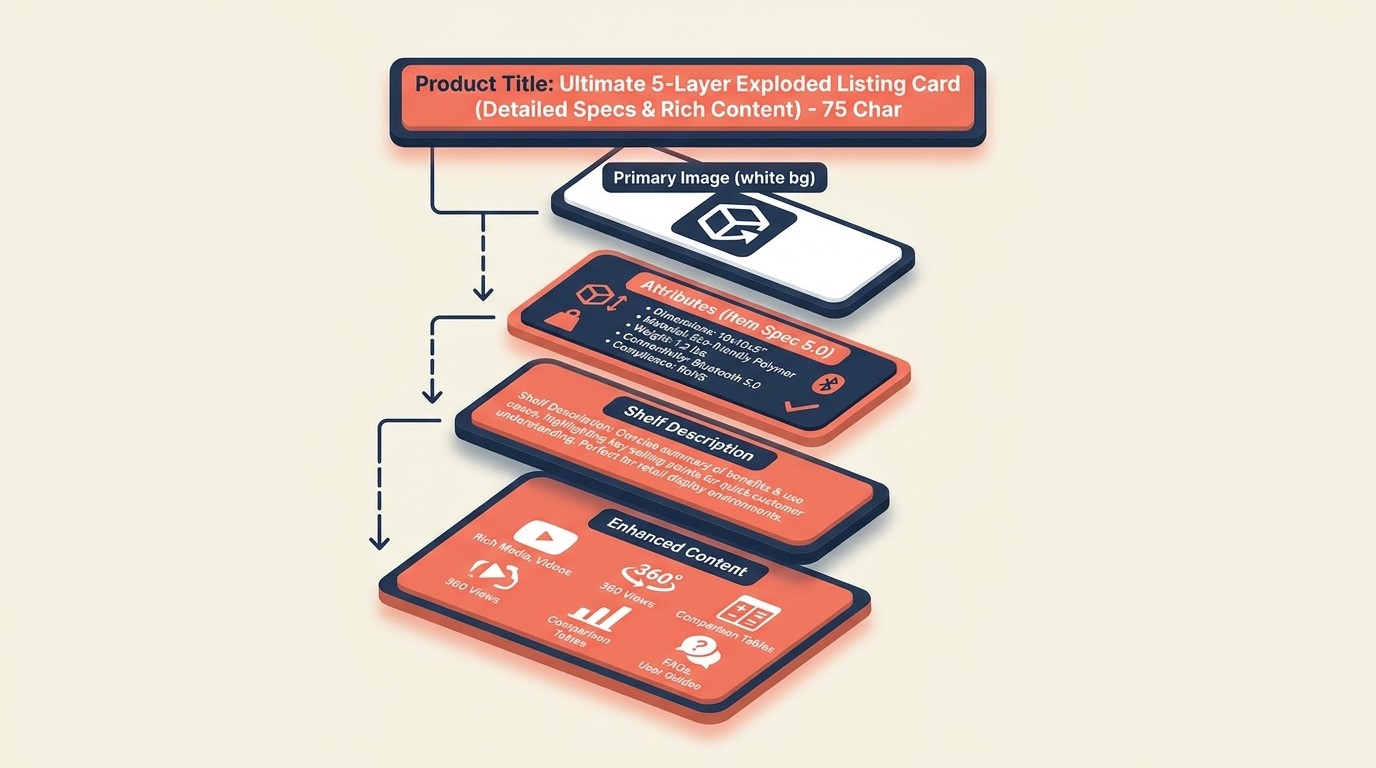 Walmart listing optimization framework covering Item Spec 5.0 attributes, 75-character titles, and white-background product images