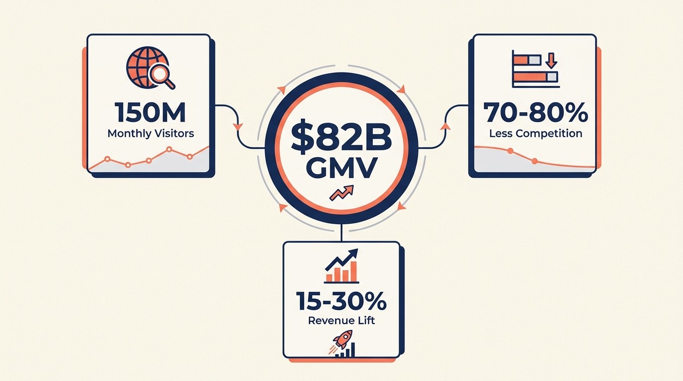 Walmart Marketplace scale showing $82B GMV and 150M monthly visitors as second-largest US ecommerce platform