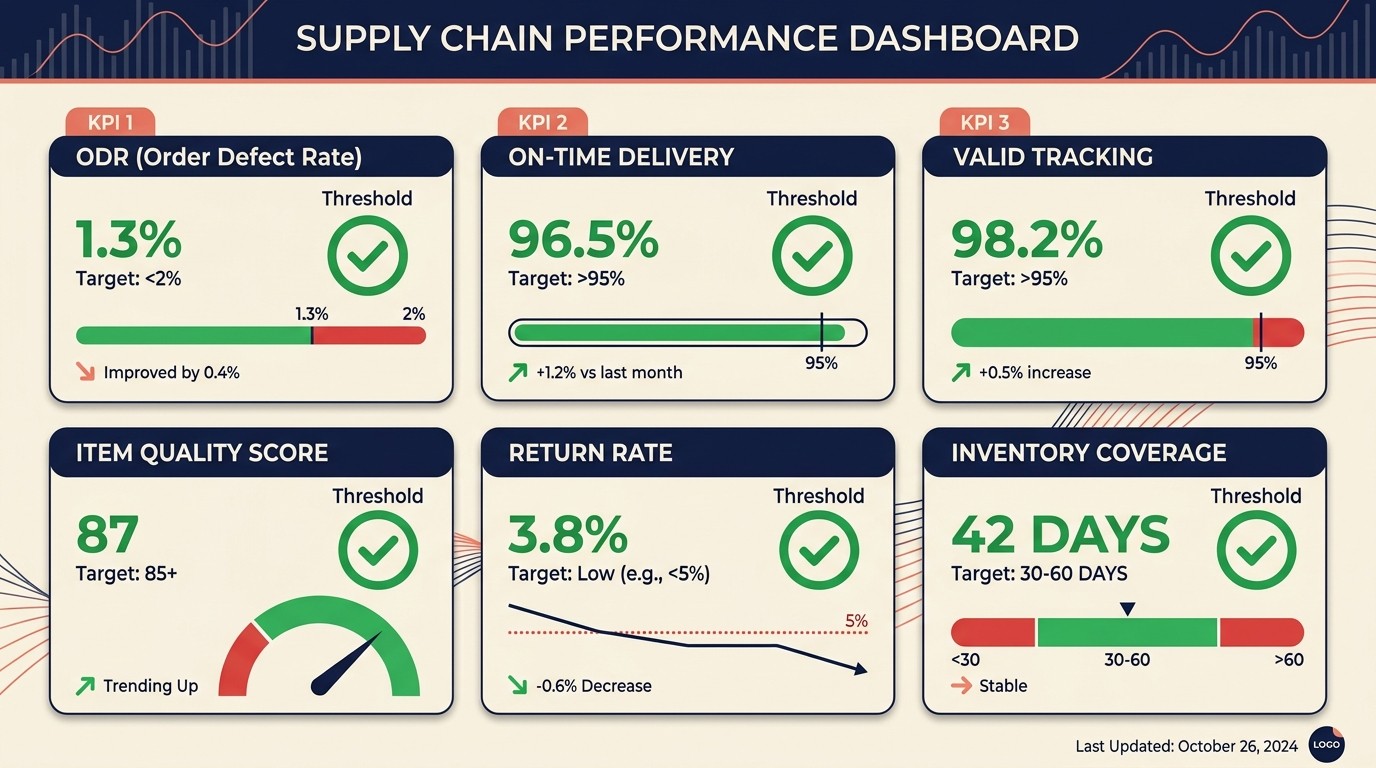 Walmart seller performance dashboard tracking Order Defect Rate, on-time delivery, valid tracking rate, and listing quality scores