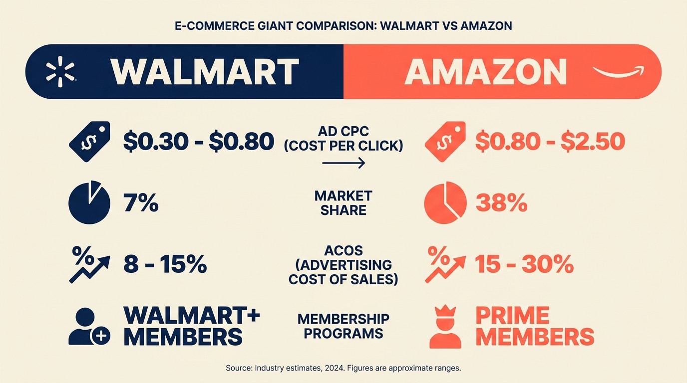 Walmart versus Amazon comparison of market share, referral fees, buyer behavior, and advertising economics for sellers