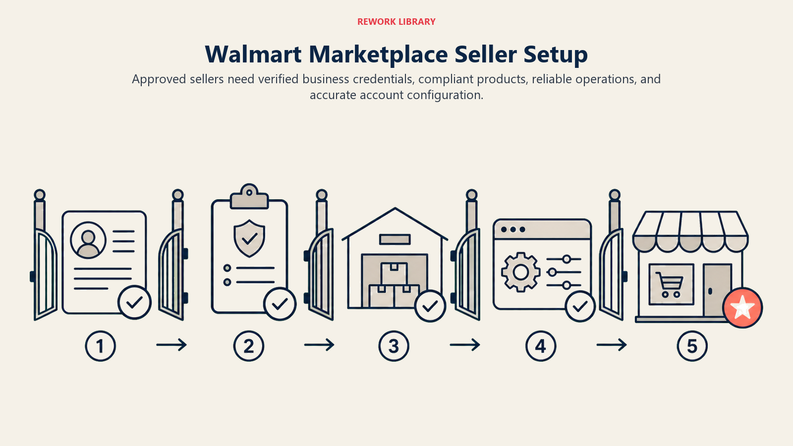Walmart Marketplace Seller Setup, illustrated with seller approval route.
