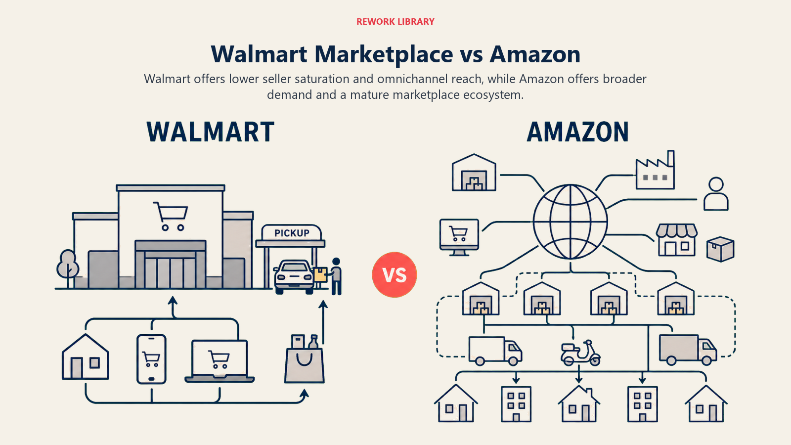 Walmart Marketplace vs Amazon, illustrated with Walmart versus Amazon comparison.