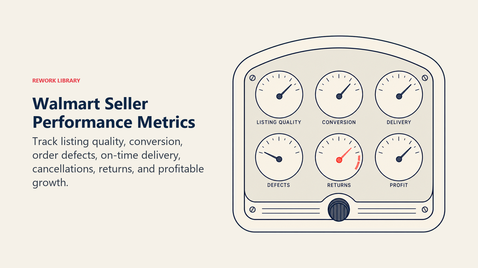 Walmart Seller Performance Metrics, illustrated with seller health dashboard object.