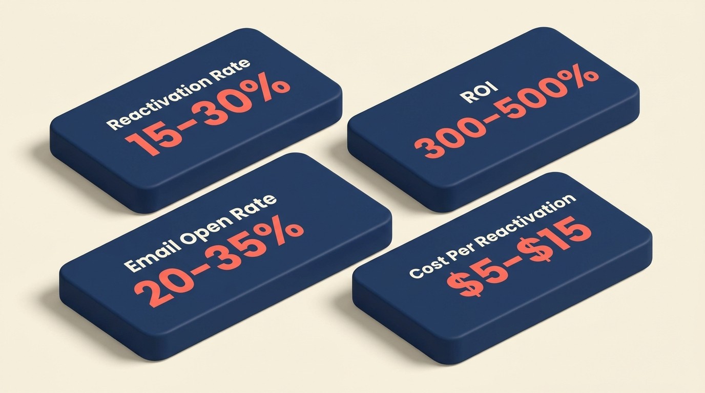 Win-back measurement dashboard tracking reactivation rate, recovered revenue, cost per reactivation, and ROI by RFM segment