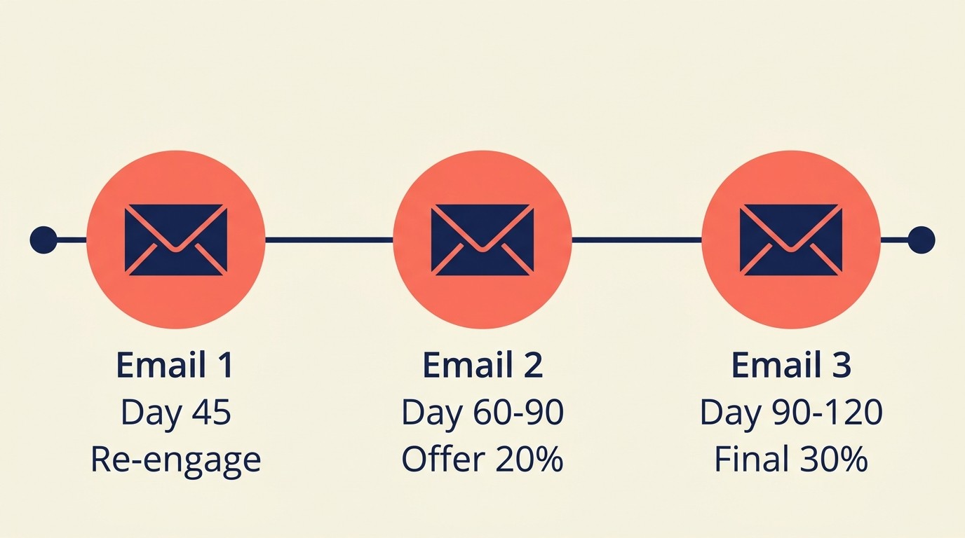 Three-email win-back sequence showing re-engagement message, value offer, and final call with escalating urgency