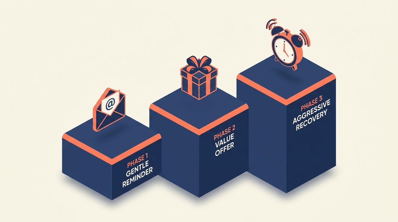 Phased win-back strategy escalating from gentle reminder to value proposition to aggressive recovery across email, SMS, and retargeting channels