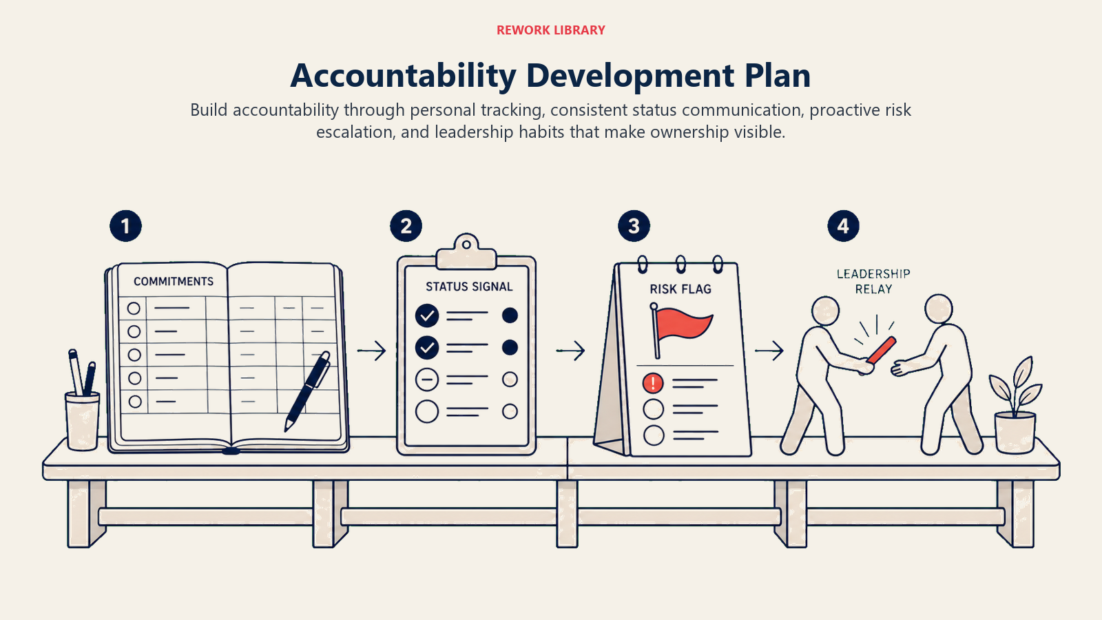 Accountability Development Plan illustrated by a four-step workshop bench where a commitment ledger becomes a status signal, risk flag, and leadership relay