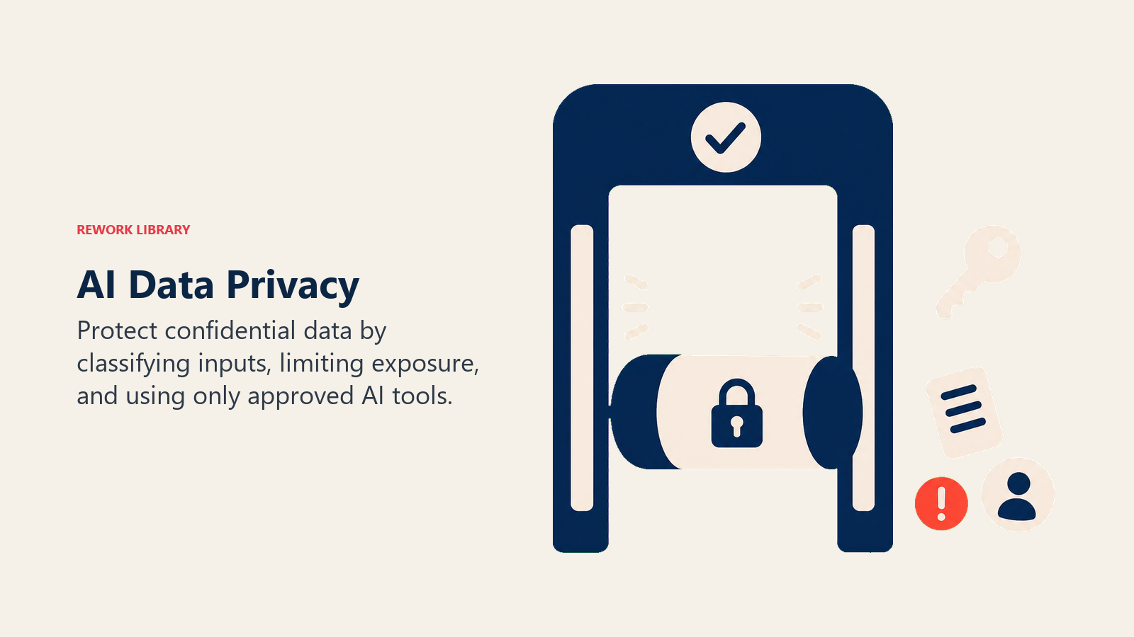 AI Data Privacy illustrated by sealed data capsule passing through an approved-tool gate while loose sensitive tokens remain safely outside