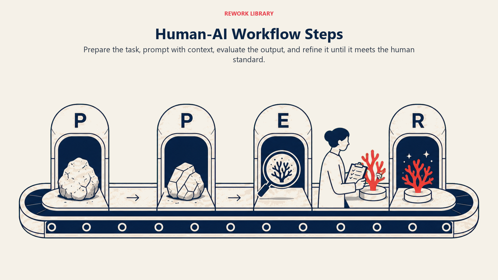 Human-AI Workflow Steps shown as a four-stage looping conveyor labeled P