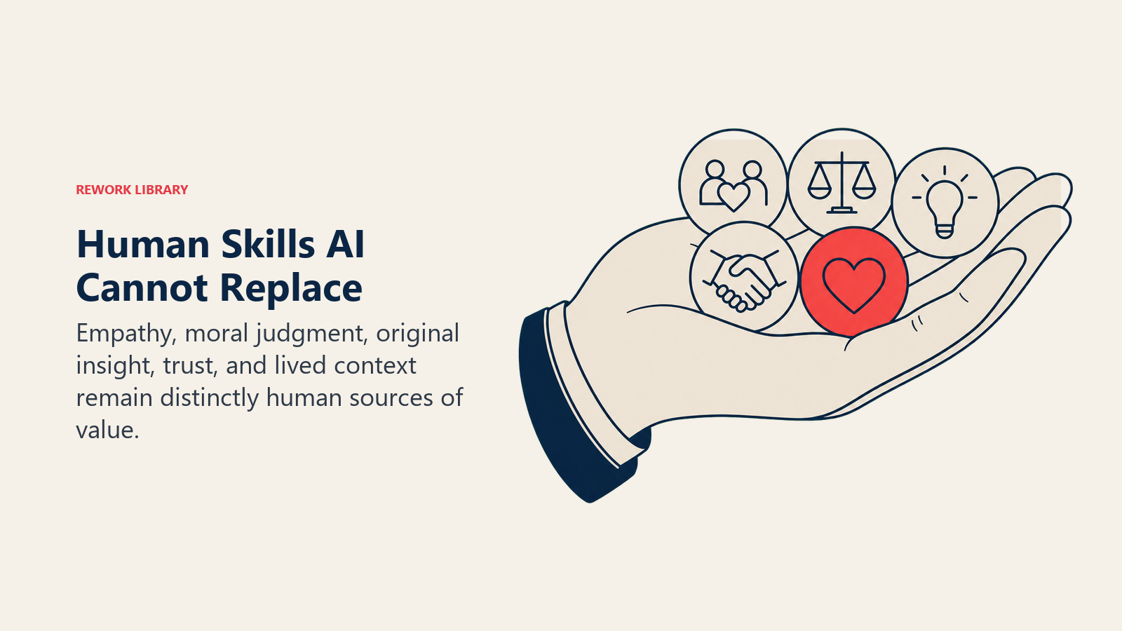 Human Skills AI Cannot Replace shown as a protective open hand holding five distinct tokens for empathy