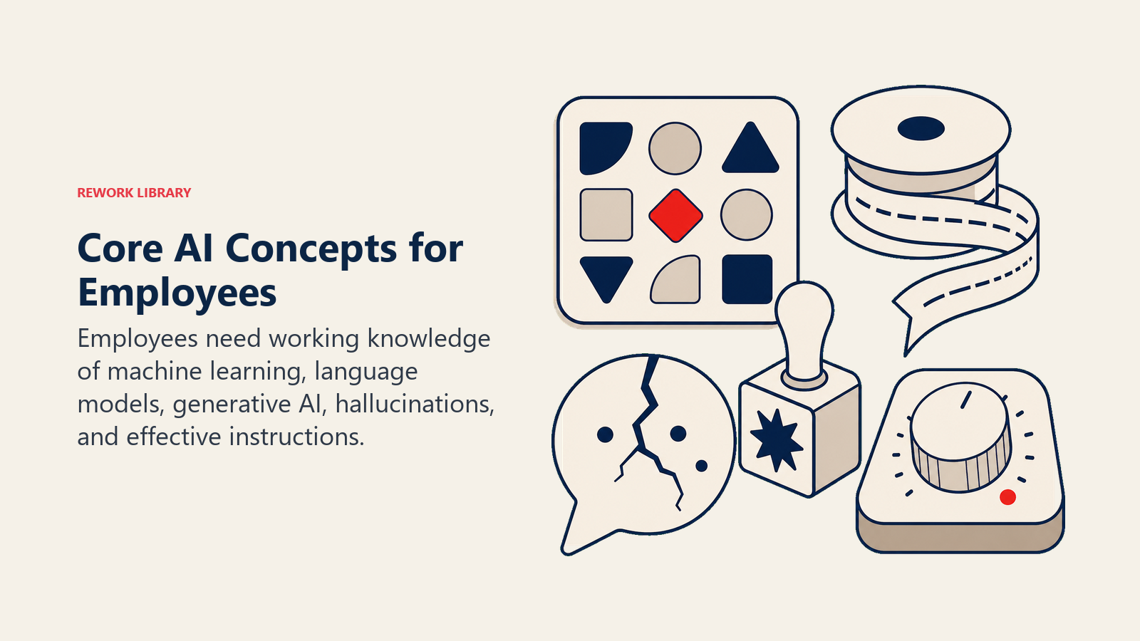 Core AI concepts represented by pattern tiles language spool generative stamp and verification tools