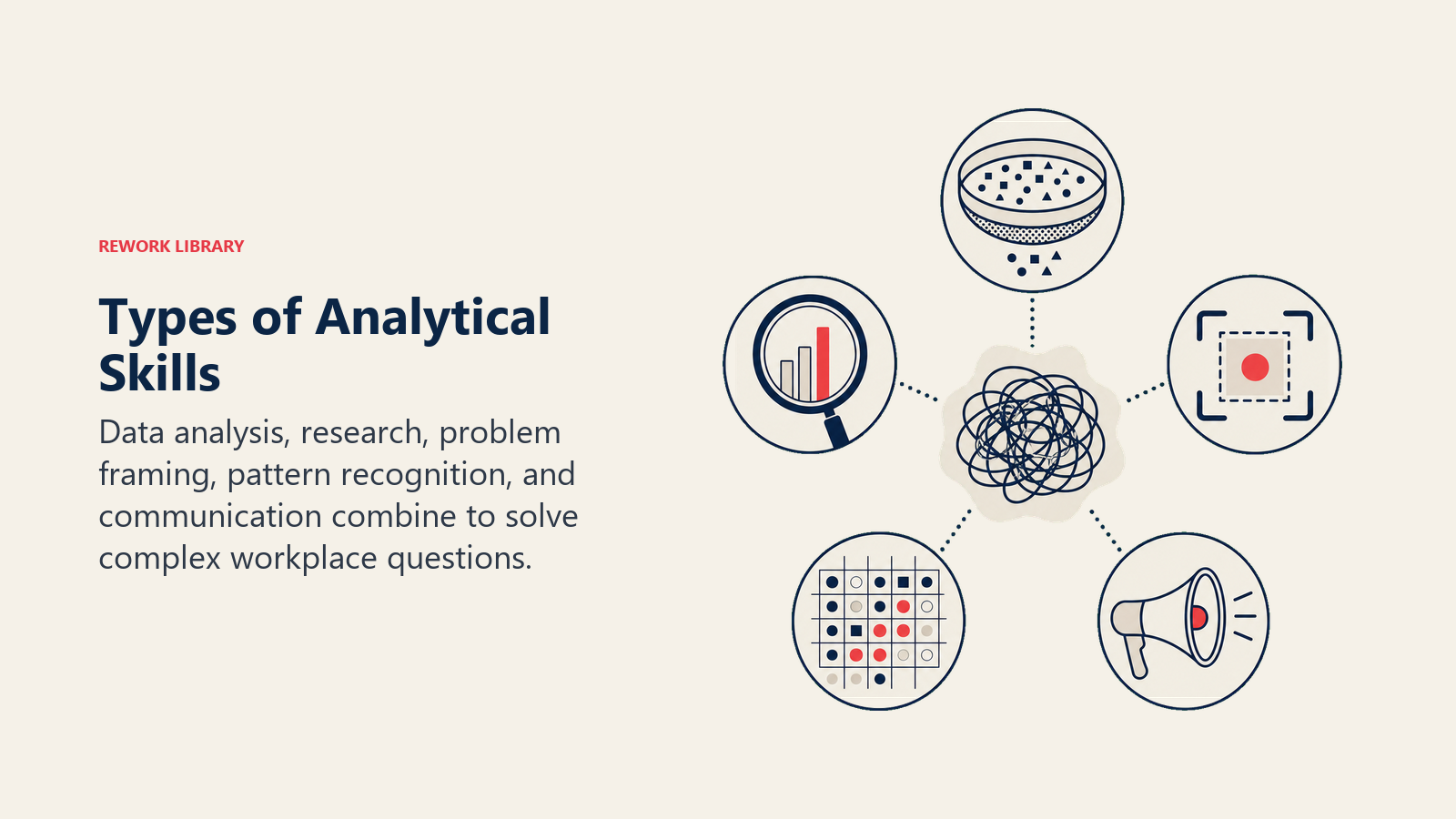 Types of Analytical Skills illustrated by five distinct analytical instruments arranged around one problem object: data sieve, research lens, framing bracket, pattern grid, and signal horn
