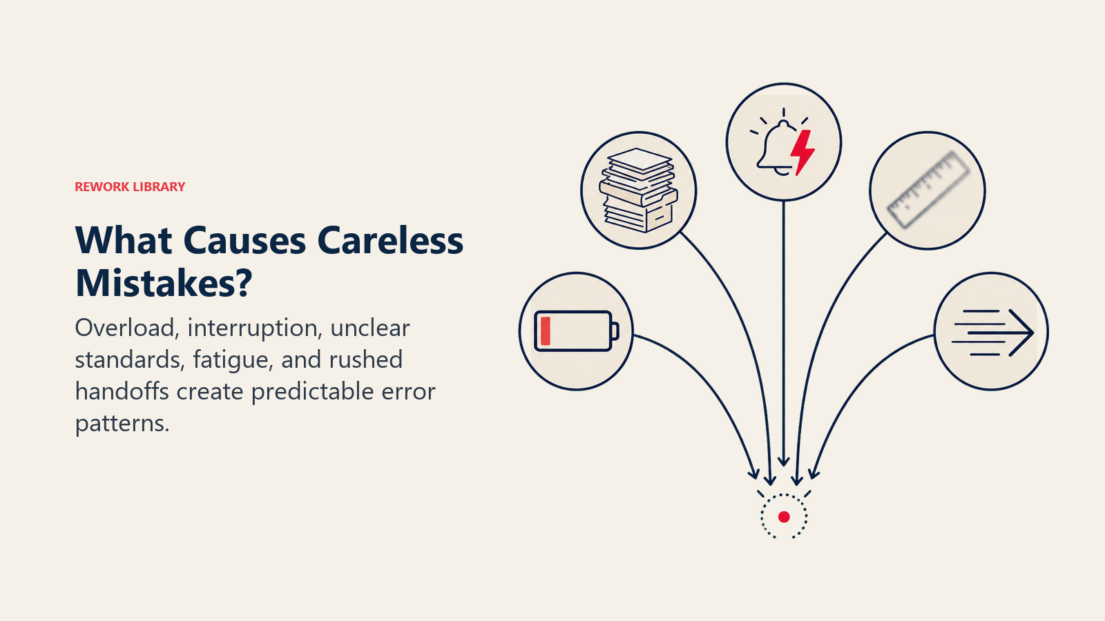 What Causes Careless Mistakes? illustrated with five incoming disruption symbols funnel toward one tiny missed detail: overload stack, notification bolt, blurry ruler, low battery, and rushing arrow