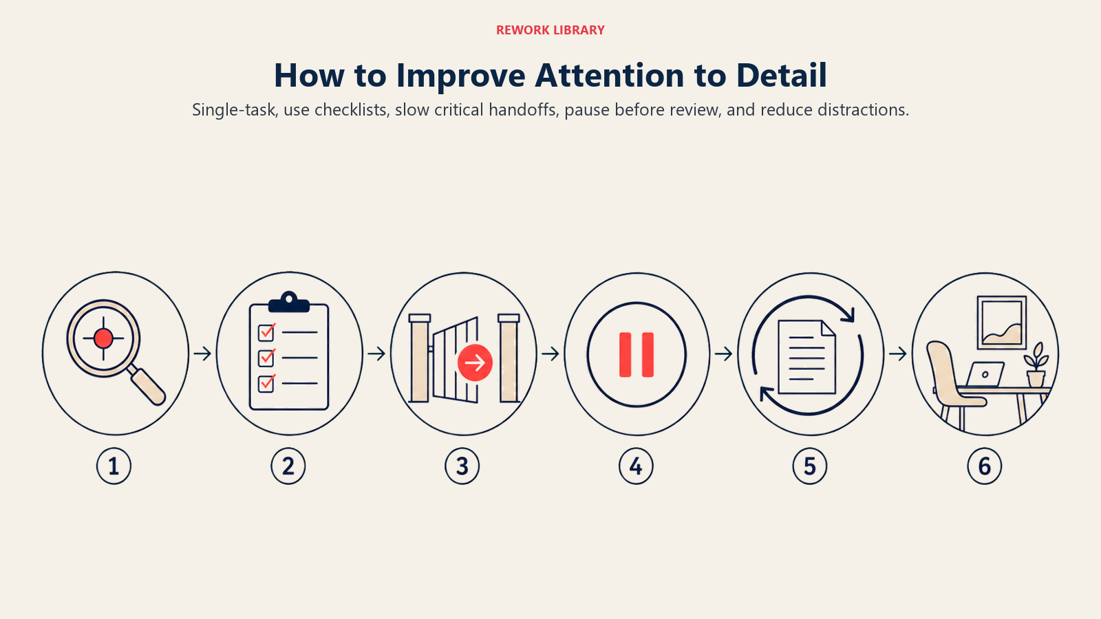 How to Improve Attention to Detail illustrated with a wide six-step accuracy workflow using distinct icons for focus, checklist, handoff gate, pause, review loop, and quiet workspace; sparse stage numbers 1 to 6