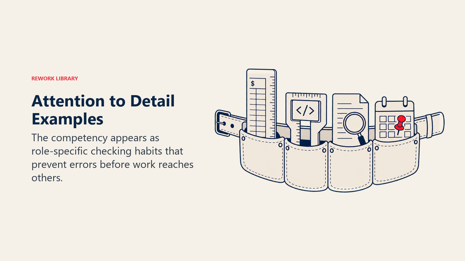 Attention to Detail Examples illustrated with a compact curved toolbelt holding four role-specific verification tools: ledger ruler, code bracket gauge, document loupe, and calendar alignment pin