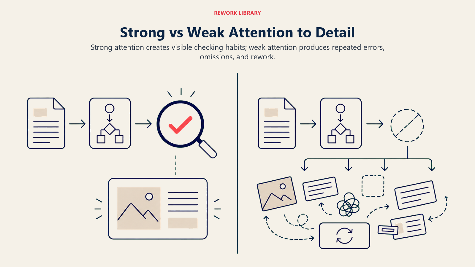 Strong vs Weak Attention to Detail illustrated with a wide comparison: left workflow passes through a verification lens and ends in one clean output; right workflow skips checking and scatters mismatched pieces into rework, separated by a central divider