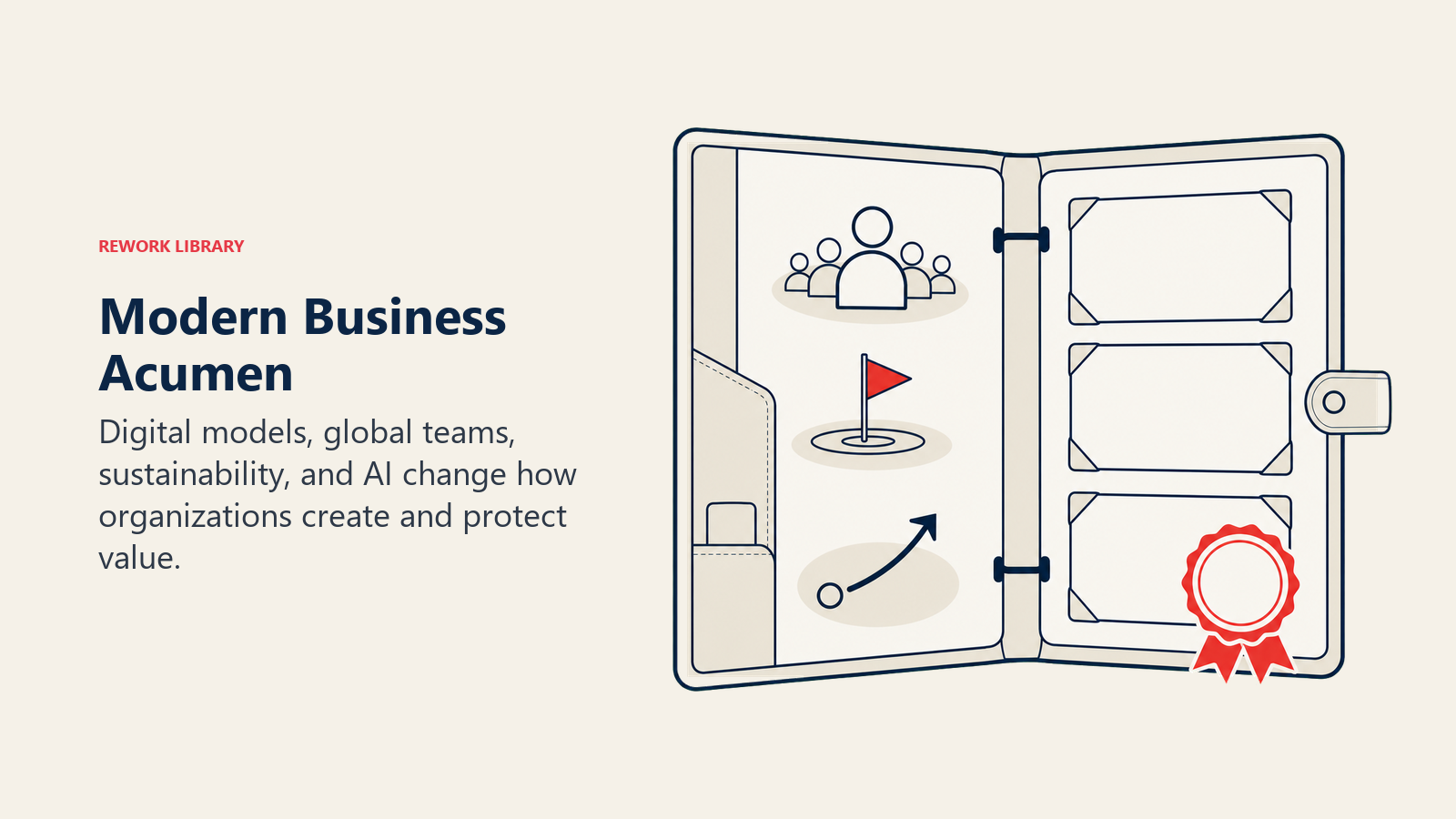 Modern Business Acumen illustrated with a central value compass responding to four external forces represented by a digital network, globe, circular leaf, and automation arm, with one coral direction needle