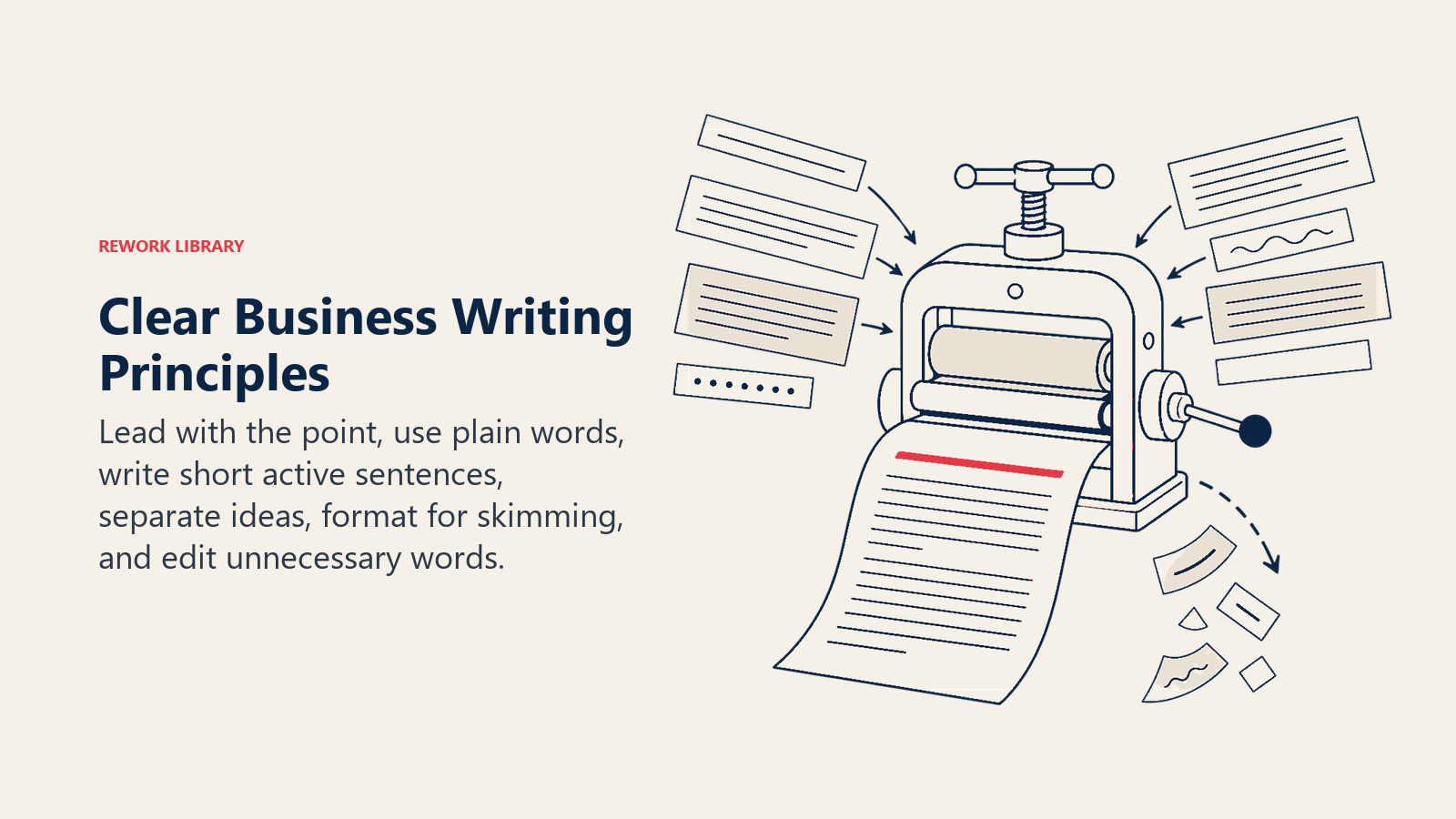 Clear business writing principles illustrated by an editing press aligning and trimming a document