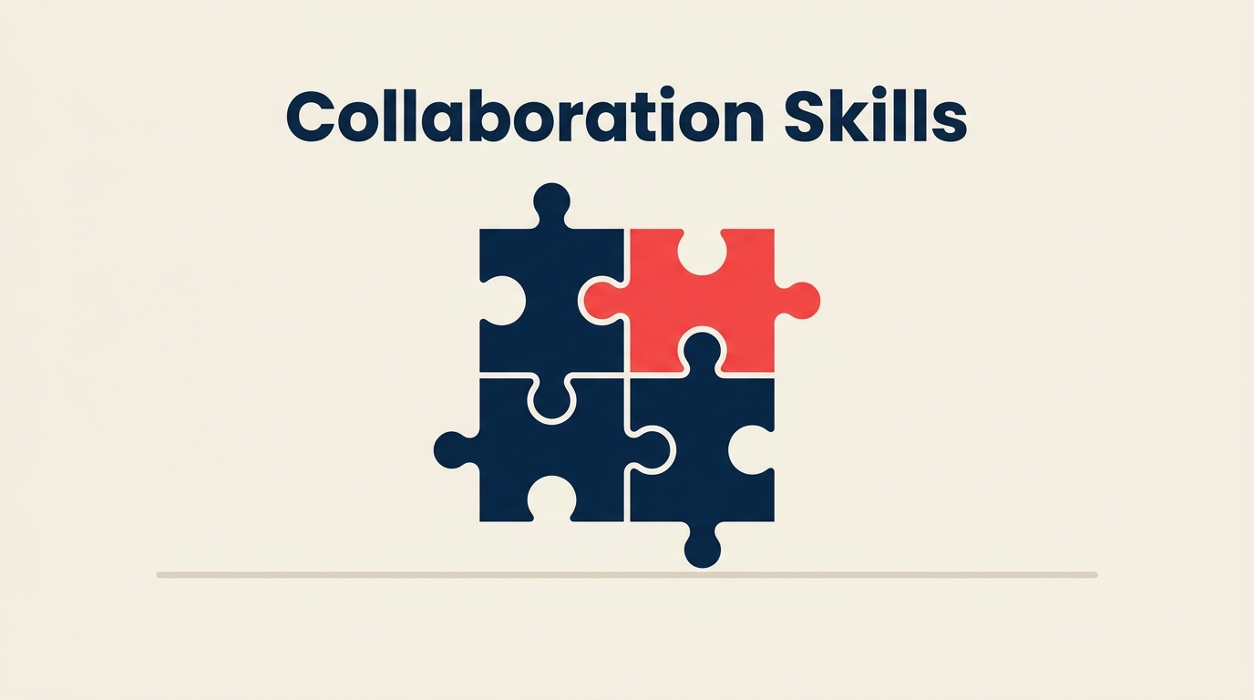 Collaboration skills shown as interlocking puzzle pieces held by a team