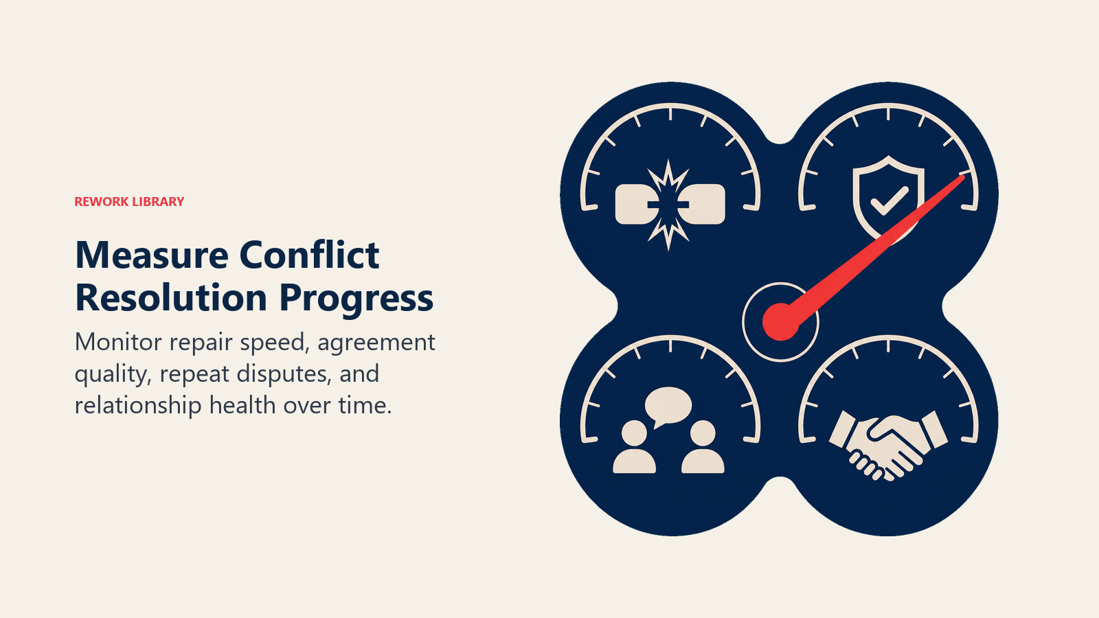 Measure Conflict Resolution Progress illustrated by calm four-dial instrument with one coral needle moving from recurring friction toward durable agreement