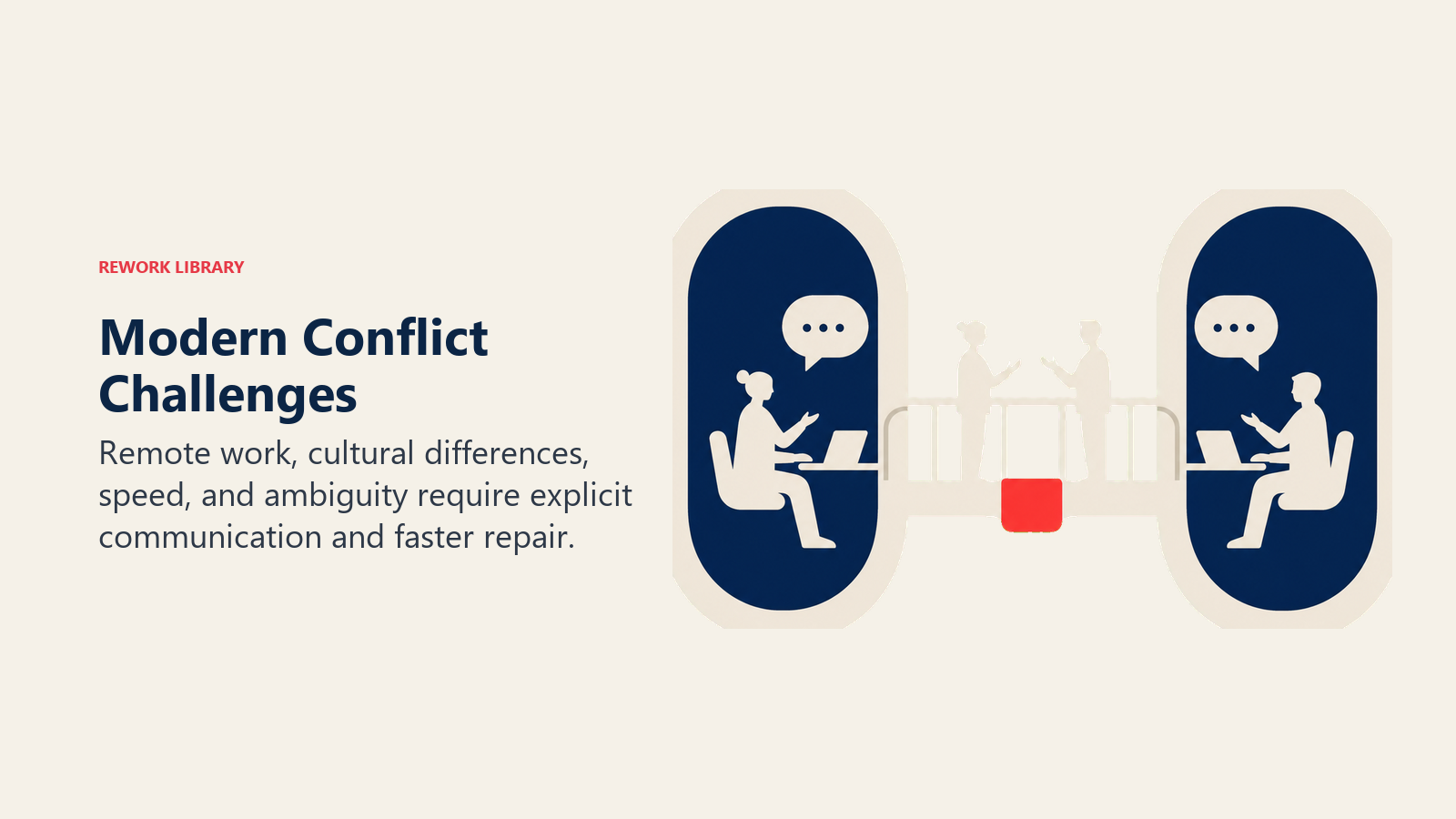 Modern Conflict Challenges illustrated by split-location conversation bridge spanning two abstract work pods with a coral repair joint