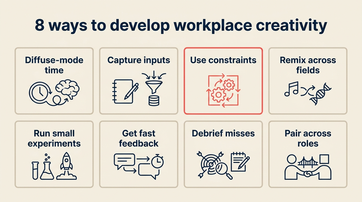 8 practices to develop workplace creativity: diffuse time, inputs, constraints, remix, experiments, feedback, debriefs, cross-pollination