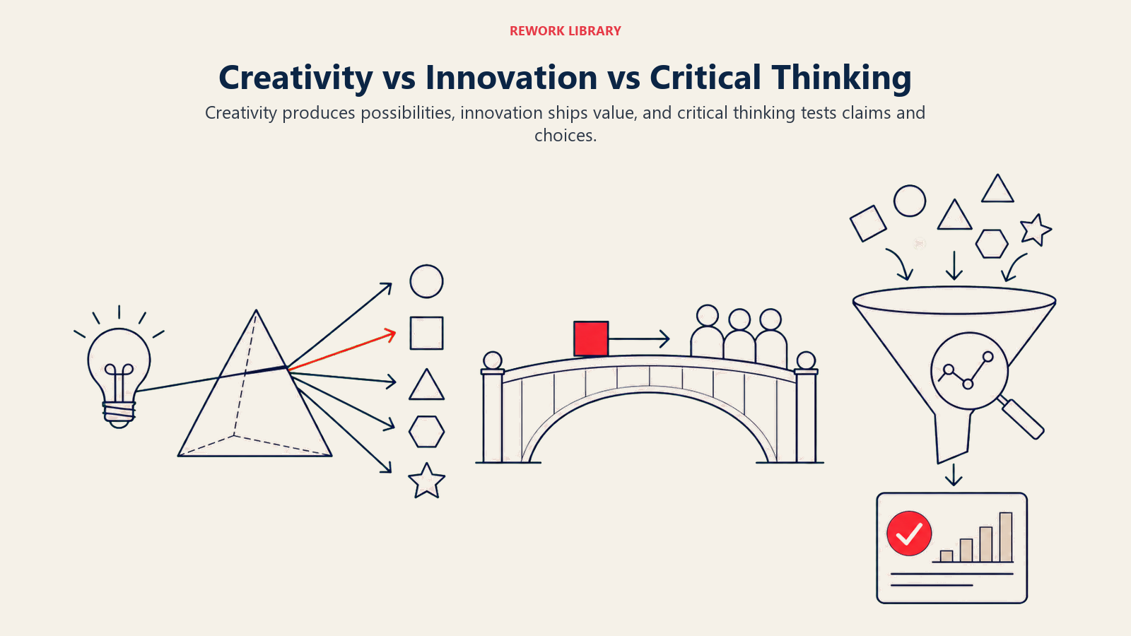 Creativity vs Innovation vs Critical Thinking illustrated with a wide three-part comparison with an idea prism creating options, a delivery bridge carrying one option to users, and a rigorous filter testing evidence; no words