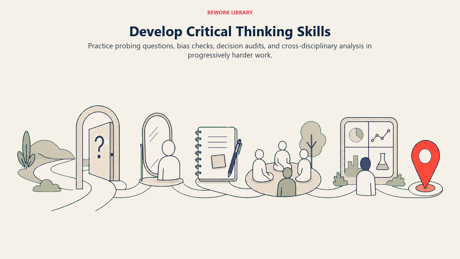 Develop Critical Thinking Skills shown as a wide practice route moves through a question gate, bias mirror, evidence journal, group circle, and cross-discipline window, ending at a coral judgment marker