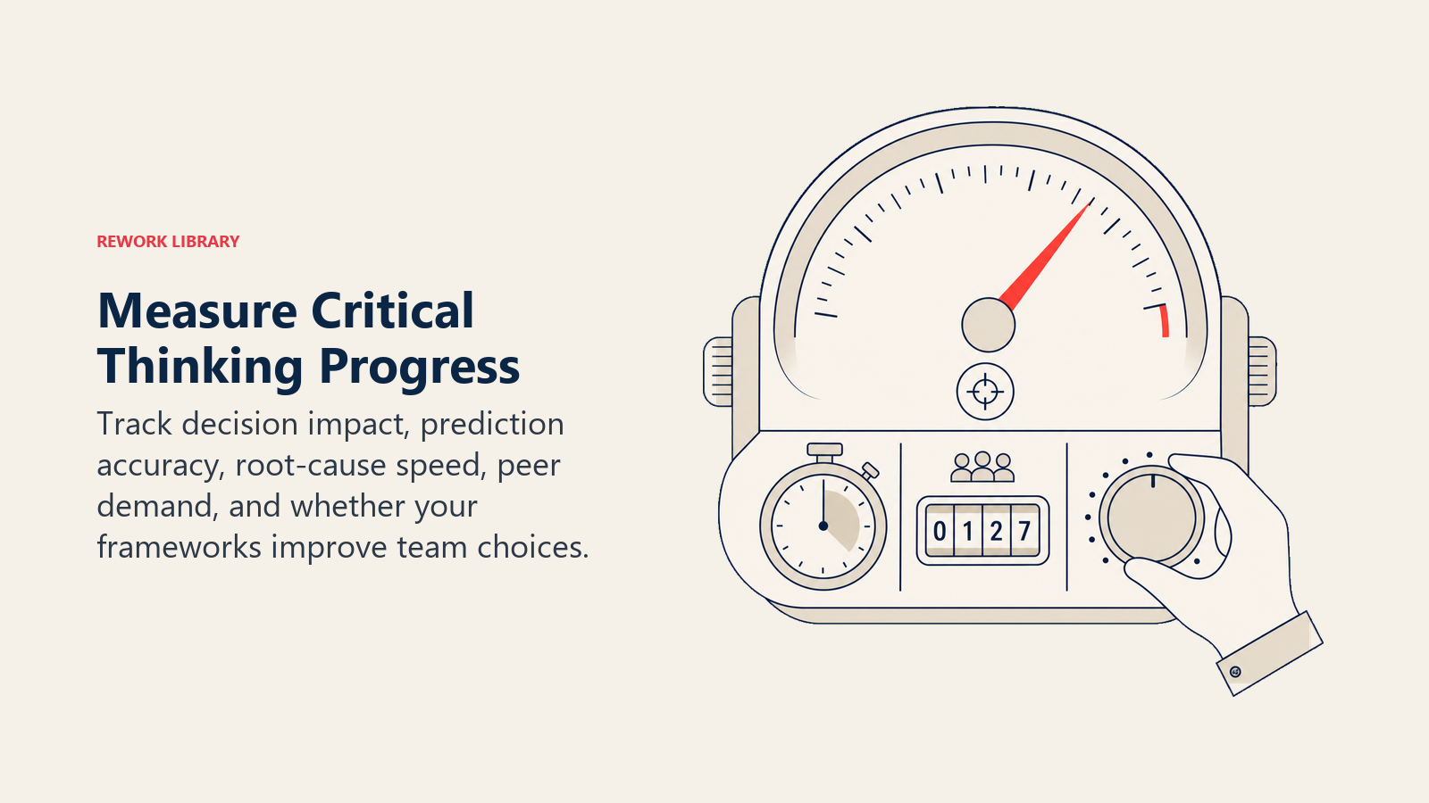 Measure Critical Thinking Progress shown as a calm calibration instrument combines an accuracy dial, root-cause timer, adoption counter, and one coral progress needle