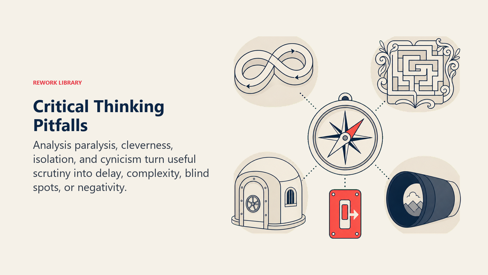Critical Thinking Pitfalls shown as a decision compass is surrounded by four distinct traps: an endless loop, ornate maze, sealed chamber, and dark filter, with one coral exit switch