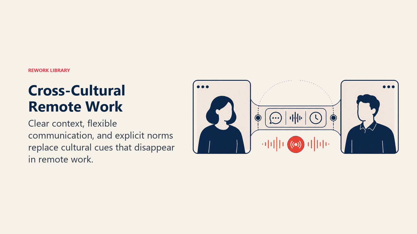 Cross-Cultural Remote Work shown as two remote meeting windows connected by an adjustable context bridge that restores missing tone and timing cues