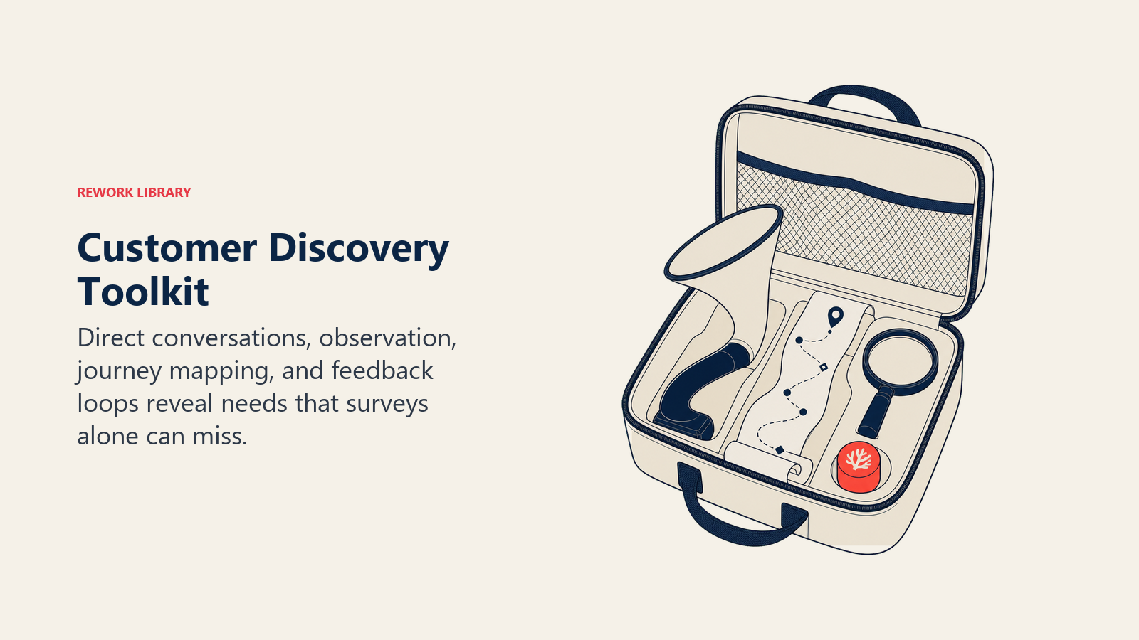 Customer Discovery Toolkit shown as an open field kit containing a listening horn