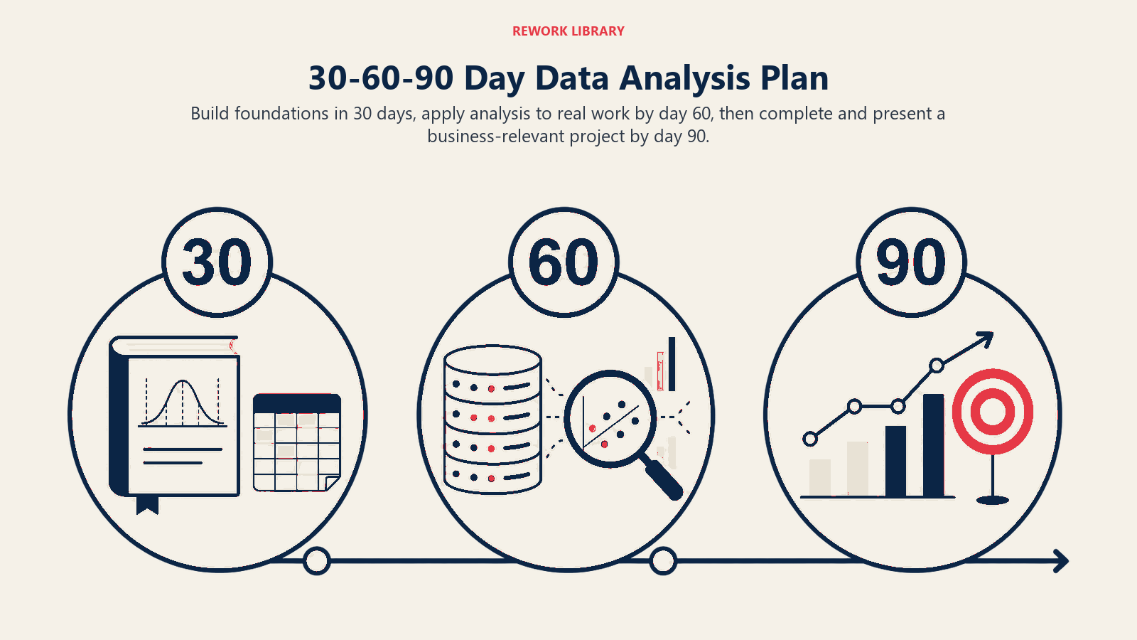 30-60-90 day data analysis plan shown from learning foundations to presenting business insights
