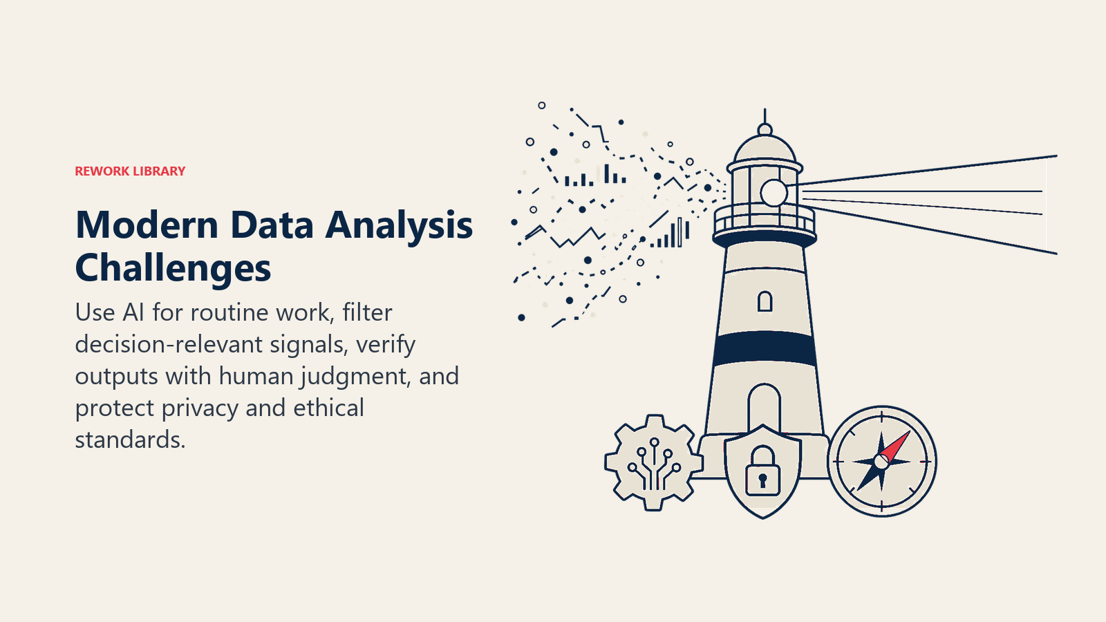 Modern data analysis challenges illustrated by a signal lighthouse filtering noise with AI assistance and privacy safeguards