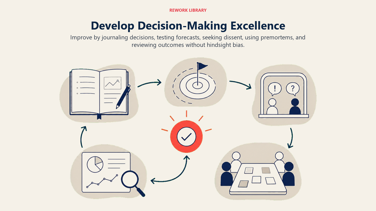 Develop Decision-Making Excellence shown as a wide learning loop moves from decision journal to forecast marker, dissent window, premortem table, and outcome review, returning to one coral improved-choice point