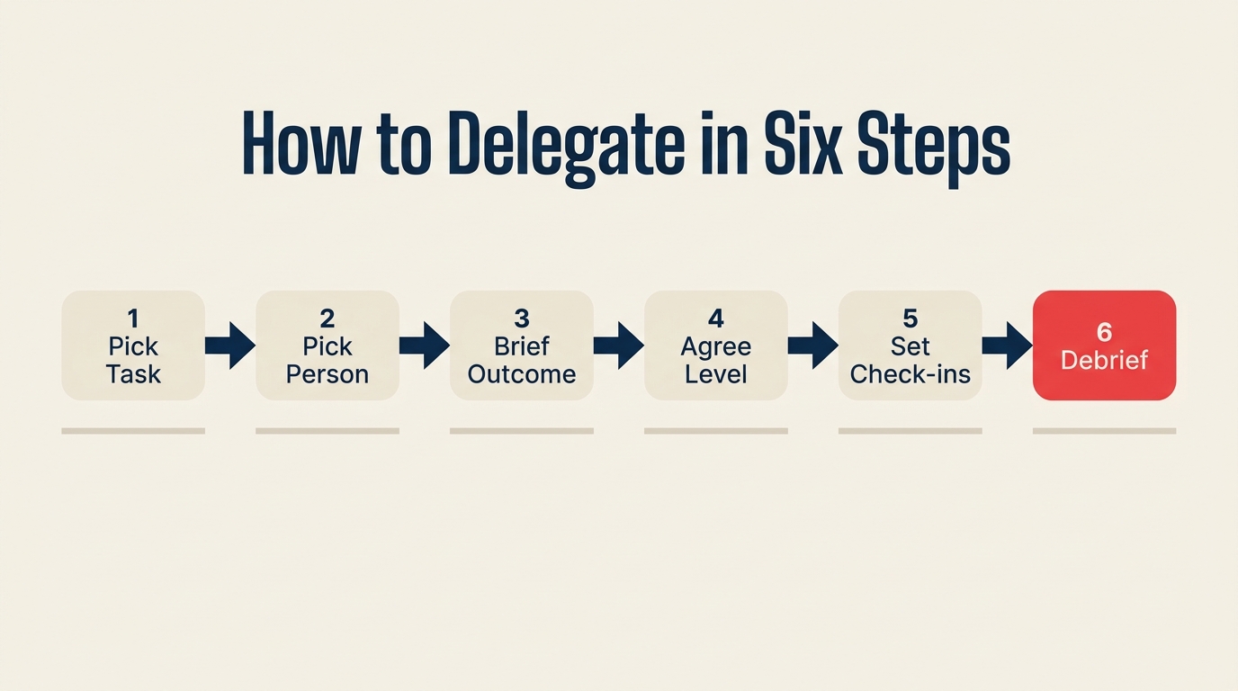 Six-step delegation framework: pick task, pick person, brief, agree level, support, review