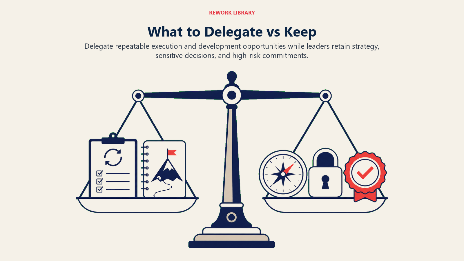 What to delegate versus keep shown as a balanced task and leadership decision scale